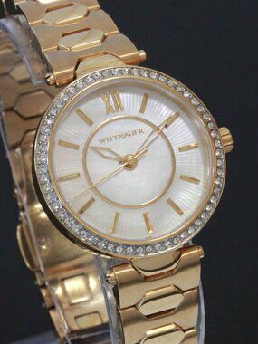 Wittnauer Ladies Dress Watch MOP Dial Crystal Embedded Bezel Gold Tone 30mm
